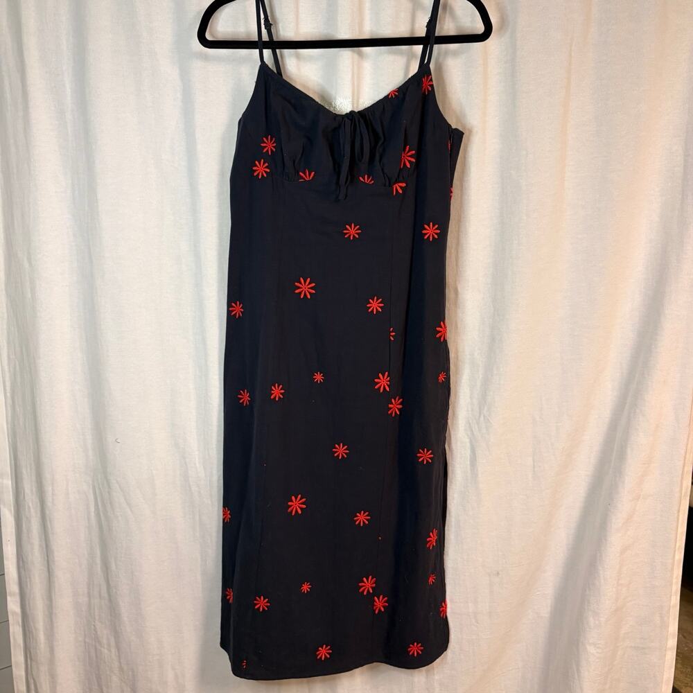 Lulus Navy Embroidered Midi Dress Red Floral Cotton Side Slit Size M